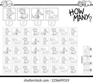 Black and White Illustration of Educational Counting Task for Children with Cartoon Dog Characters Coloring Book