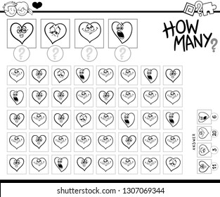 Black and White Illustration of Educational Counting Task for Children with Cartoon Hearts Valentine Characters Coloring Book