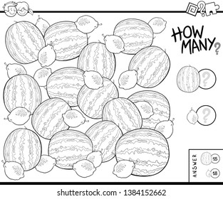 Black and White Illustration of Educational Counting Task for Children with Watermelons and Lemons Coloring Book