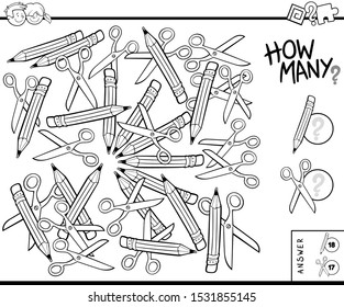 Black and White Illustration of Educational Counting Task for Children with Pencils and Scissors Coloring Book