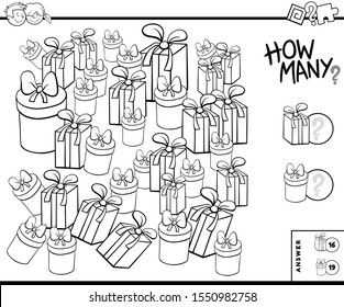 Black and White Illustration of Educational Counting Task for Children with Christmas or Birthday Presents Coloring Book