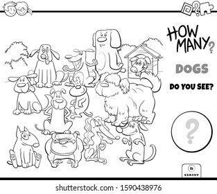 Black and White Illustration of Educational Counting Game for Children with Cartoon Dogs Animal Characters Group Coloring Book Page