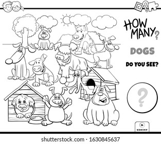 Black and White Illustration of Educational Counting Game for Children with Cartoon Happy Dogs Animal Characters Group Coloring Book Page