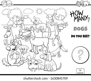 Black and White Illustration of Educational Counting Game for Children with Cartoon Funny Dogs Animal Characters Group Coloring Book Page