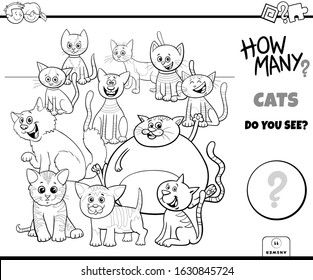 Black and White Illustration of Educational Counting Game for Children with Cartoon Funny Cats Animal Characters Group Coloring Book Page