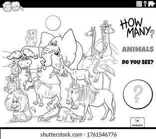 Ilustración en blanco y negro de juego de conteo educativo para niños con dibujos animados divertidos grupo de personajes animales en la página del libro de colorantes salvajes
