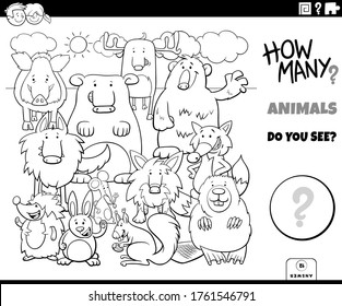 Black and White Illustration of Educational Counting Task for Children with Cartoon Funny Animal Characters Group in the Wild Coloring Book Page