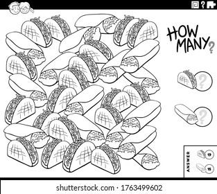 Ilustración en blanco y negro de juego educativo de conteo para niños con burrito y taco página del libro de colorear objetos de comida