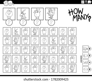 Black and White Illustration of Educational Counting Game for Children with Cartoon Farm Animal Characters Coloring Book Page