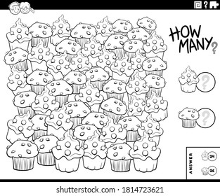 Black and White Illustration of Educational Counting Game for Children with Muffin and Cupcake Sweet Food Objects Coloring Book Page