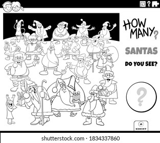 Ilustración en blanco y negro de juego de conteo educativo para niños con dibujos animados Santa Cláusula de personajes de Navidad Grupo de Colores Página de libro