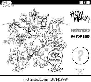 Black and white illustration of educational counting game for children with cartoon monsters fantasy characters group coloring book page