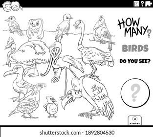 Black and white illustration of educational counting game for children with cartoon birds animal characters group coloring book page