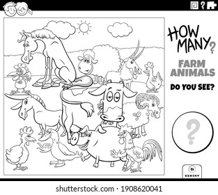 Black and white illustration of educational counting task for children with cartoon farm animal characters group coloring book page