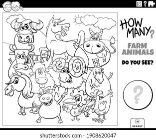 Ilustración en blanco y negro del juego de conteo educativo para niños con dibujos animados animales de granja página de libros de coloración de grupo
