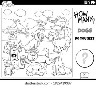 Black and white illustration of educational counting task for children with cartoon dogs and puppies animal characters group coloring book page