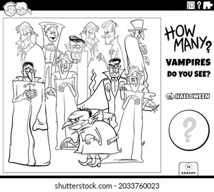 Schwarz-Weiß-Illustration des pädagogischen Zählspiels für Kinder mit Cartoon Vampires Halloween-Figuren-Gruppe-Malbuchseite