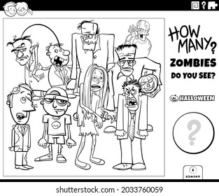 Ilustración en blanco y negro del juego de conteo educativo para niños con dibujos animados zombies Halloween página de libro de colorido grupo de personajes