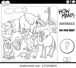 Black and white illustration of educational counting game for children with cartoon wild animals characters group coloring book page