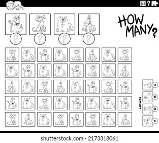 Black and white illustration of educational counting game for children with cartoon dogs animal characters coloring page