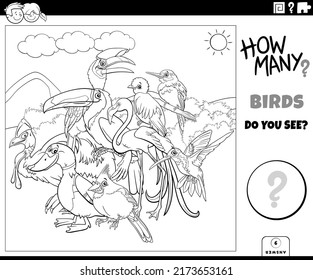 Ilustración en blanco y negro del juego de conteo educativo para niños con dibujos animados de animales salvajes página del libro de colorear grupo