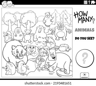 Black and white illustration of educational counting game for children with cartoon wild animal characters group coloring page