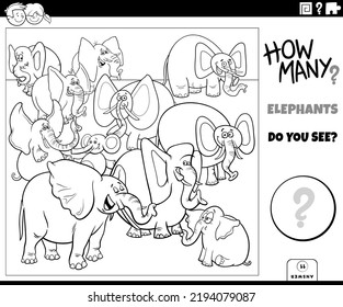 Black and white illustration of educational counting task with cartoon elephants wild animal characters group coloring page