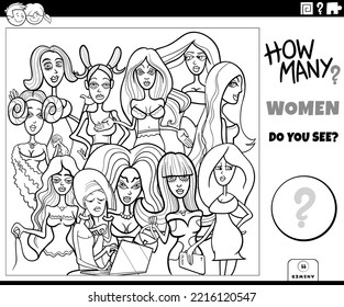 Black and white Illustration of educational counting activity with cartoon women characters group coloring page