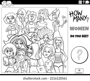 Black and white Illustration of educational counting task with cartoon women characters group coloring page