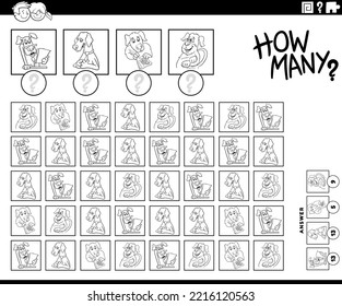 Ilustración en blanco y negro del juego de conteo educativo con dibujos animados perros personajes animales página de color