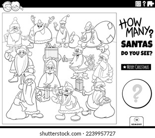 Schwarz-Weiß-Illustration der Aufgabe der Erziehungszählung mit Cartoon-Santa-Clauses-Figuren auf der weihnachtfarbigen Färberseite
