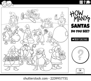Black and white illustration of educational counting game with cartoon Santa Clauses characters with Christmas gifts coloring page