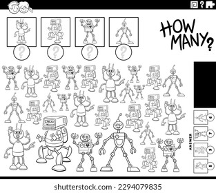 Black and white illustration of educational counting activity with funny cartoon robots characters coloring page