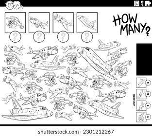 Ilustración en blanco y negro del juego del conteo educativo con graciosos planos de dibujos animados y la página de color de las máquinas voladoras