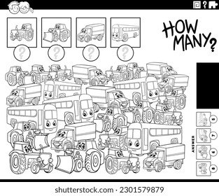 Ilustración en blanco y negro del juego del conteo educativo con graciosos vehículos de dibujos animados página de color de los personajes