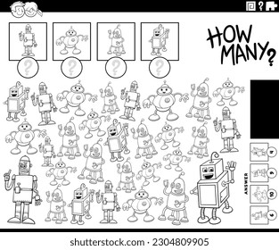 Black and white illustration of educational counting game with funny cartoon robot characters coloring page