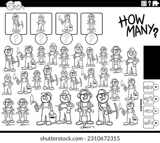 Black and white illustration of educational counting game with funny cartoon workers characters coloring page