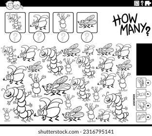 Black and white illustration of educational counting game with cartoon insects animal characters coloring page