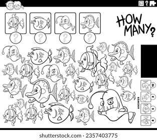 Black and white illustration of educational counting game with cartoon fish animal characters coloring page
