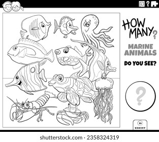 Black and white illustration of educational counting activity with cartoon marine animal characters group coloring page