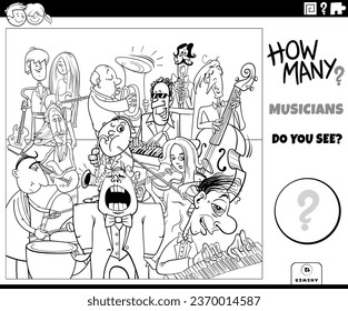Schwarz-Weiß-Illustration der Erziehungszählaktivität mit Cartoon-Musiker-Charaktere Gruppenfarben-Seite