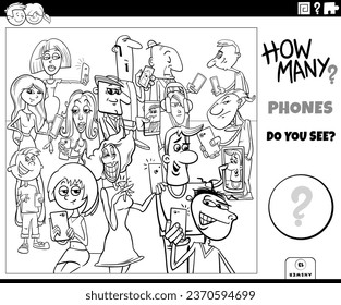 Black and white illustration of educational counting activity with cartoon people with phones coloring page