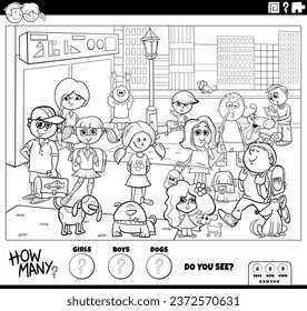 Ilustración en blanco y negro de la actividad de cómputo educativo con la página de coloración de niños y perros con dibujos animados