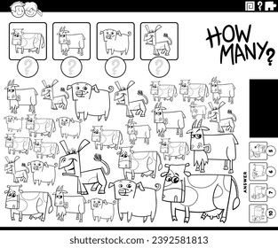 Ilustración en blanco y negro de la actividad de cómputo educativo con la página de coloreado de personajes de animales de granja de caricaturas