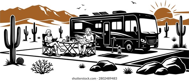 A black and white illustration of an elderly couple sitting outside their recreational vehicle in a desert setting with cacti, mountains, and a sunset.