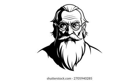 Eine schwarz-weiße Illustration eines älteren Mannes mit einem langen, fließenden Bart, einer Brille und einem ernsthaften Ausdruck.