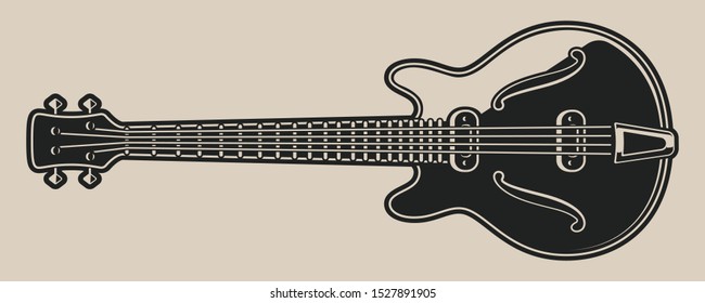 Black and white illustration of electric guitar on white background.