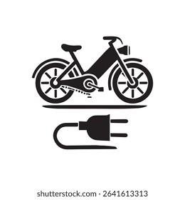 Black and white illustration of electric moped with plug charging icon isolated