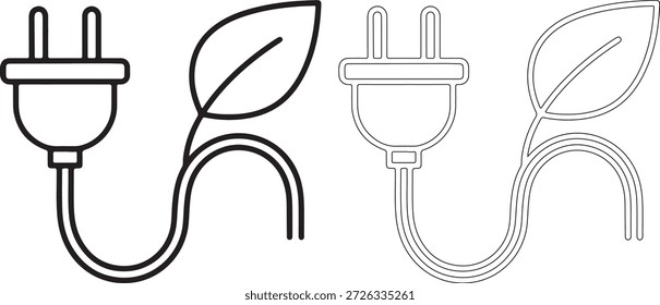 Schwarz-Weiß-Illustration eines elektrischen Steckers mit einem Blatt, das aus der Schnur wächst und umweltfreundliche Energie und Nachhaltigkeit in einem einfachen Stil mit klaren Linien darstellt