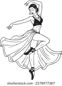 A black and white illustration of an elegant dancer in mid-motion, wearing a flowing skirt and dance attire.